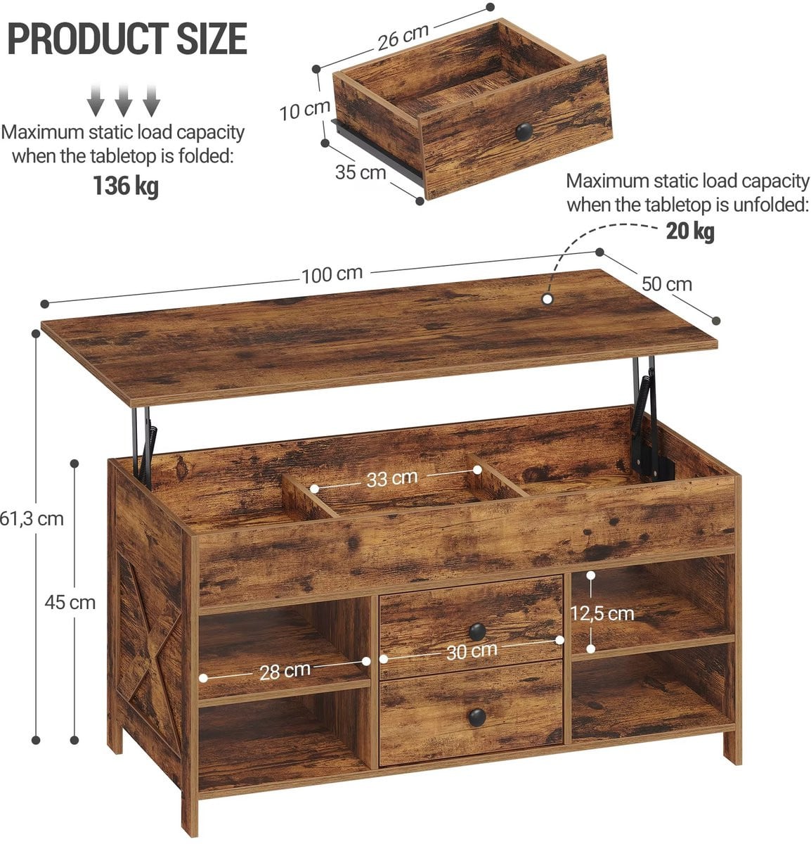 Whoopr® Vintage Salontafel Bruin met Verstelbare Lift-Top en Opbergruimte