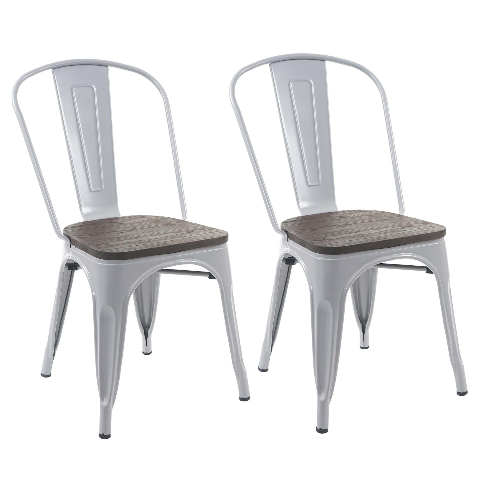 2er-Set Stuhl MCW-A73 inkl. Holz-Sitzfläche, Bistrostuhl Stapelstuhl, Metall Industriedesign stapelbar ~ grau