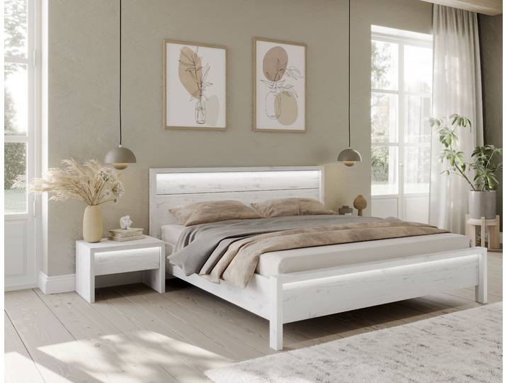 Massivholzbett HOME AFFAIRE Moivre , weiß, B:209cm H:97cm L:214cm, Betten, Massivholzbett, inkl. LED-Beleuchtung