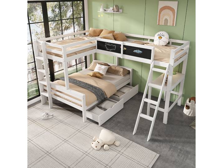 Desmiu Lit Combiné Enfant 140 × 200 Cm 3 Places Avec Bureau\, Tiroirs Et Échelle\, Sans Matelas\, Blanc Chêne