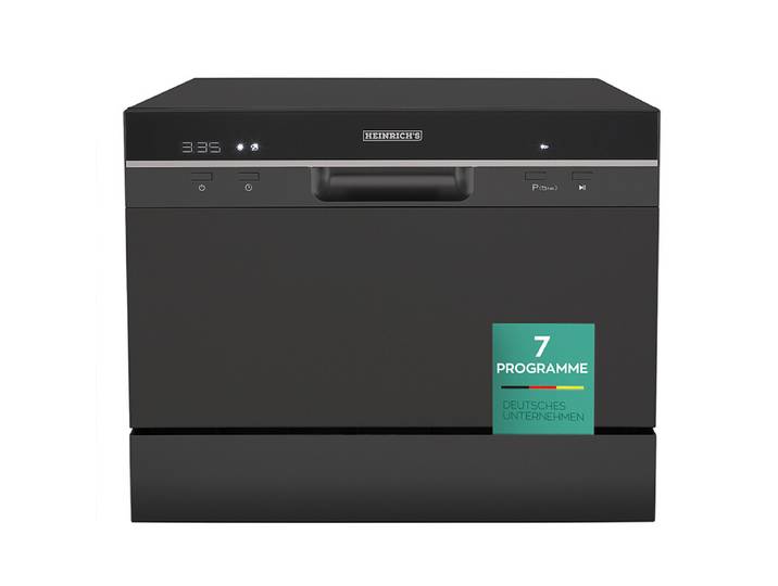 Heinrich's HTG 8840 Noir lave-vaisselle de table 6 couverts mini lave-vaisselle de comptoir 7 programmes affichage numérique départ différé 24 h ouverture automatique séchage adoucisseur d'eau 47 dB faible bruit classe énergétique D