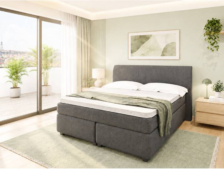 Individuell planbares Boxspringbett Nicolas mit Webstoffbezug und leicht gestepptem Kopfteil – 3%-Vorkasse-Rabatt