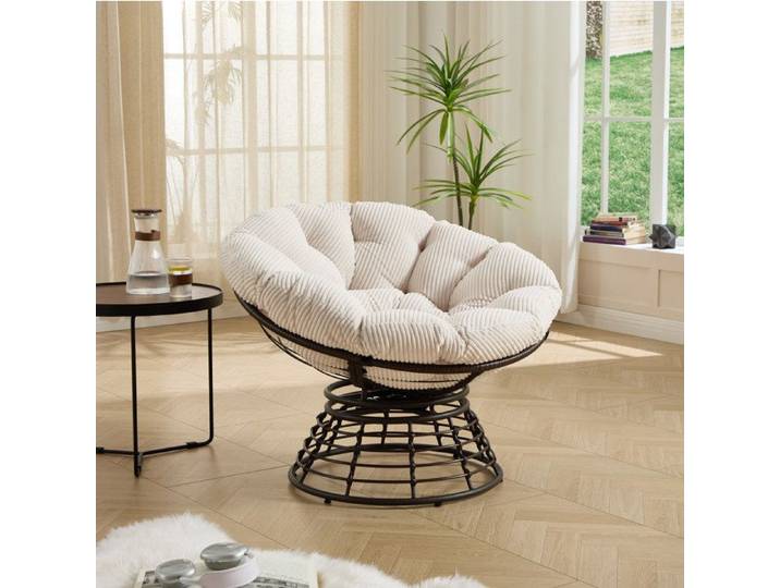 Fauteuil papasan rotatif 360° IVMEU en acier et rotin PE coussin épais blanc