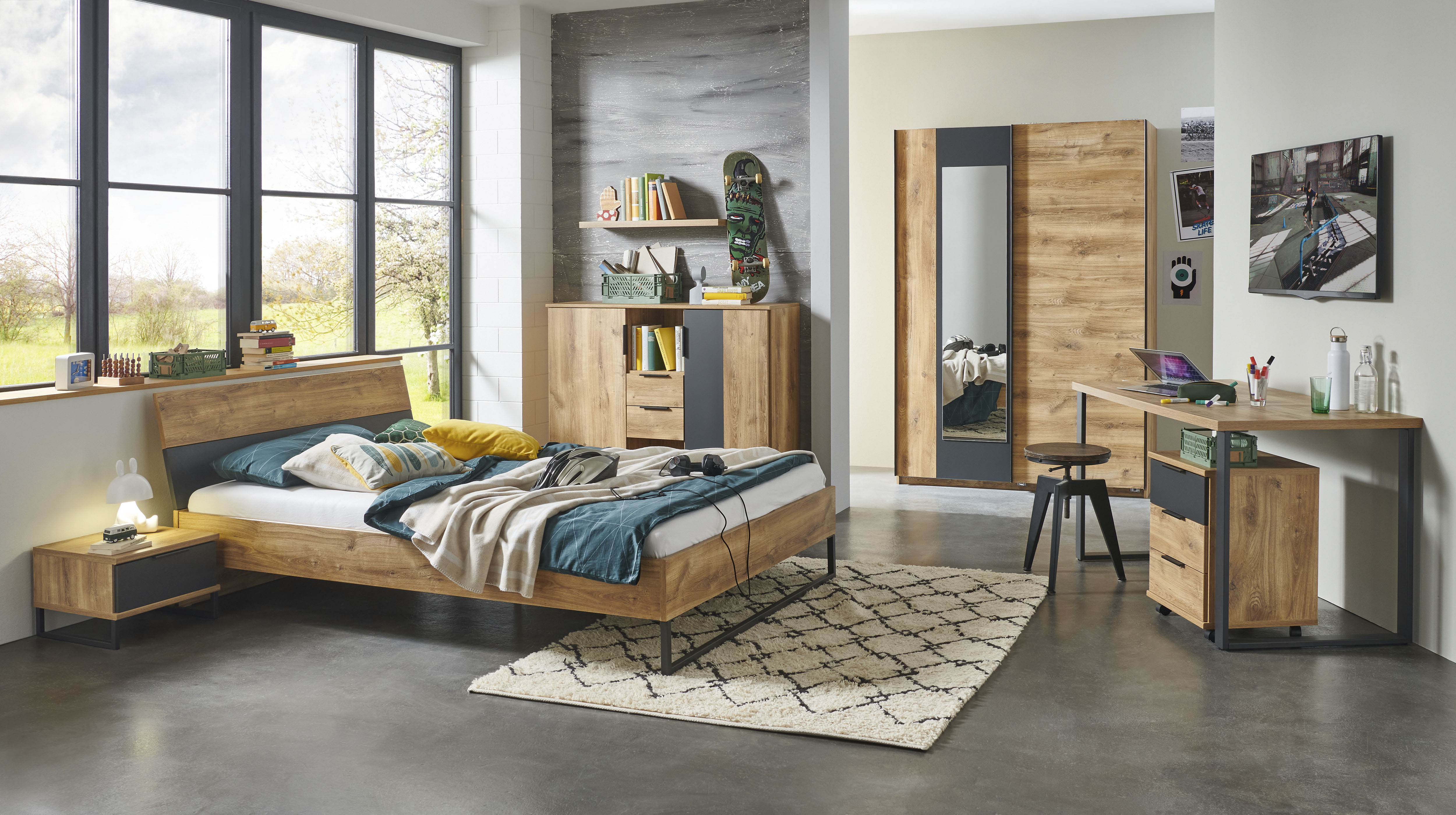 Nachtkommode WIMEX "Texel mit Schublade, passend zum Bett Texel", grau (plankeneiche nachbildung, grafit), B:46cm H:38cm T:40cm, Holzwerkstoff, Sideboards, Nachtkommode, Schubkastenschienen aus Metall plankeneiche nachbildung, grafit B/H/T: 46cm x 38cm x 