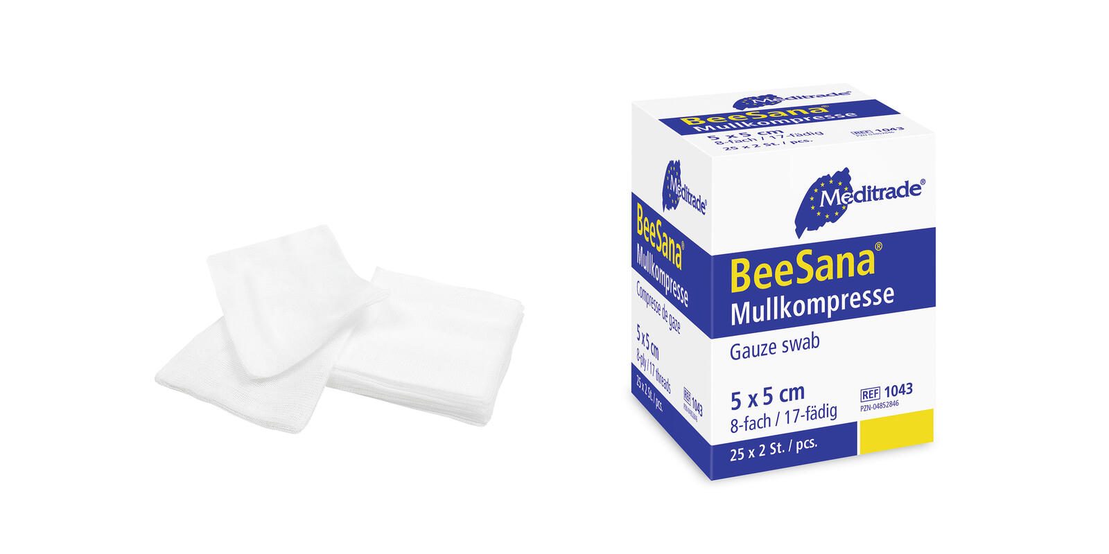 Meditrade® BeeSana®mit eingeschlagenen Schnittkanten Mull-Kompressen 5 cm x 5 cm 1043