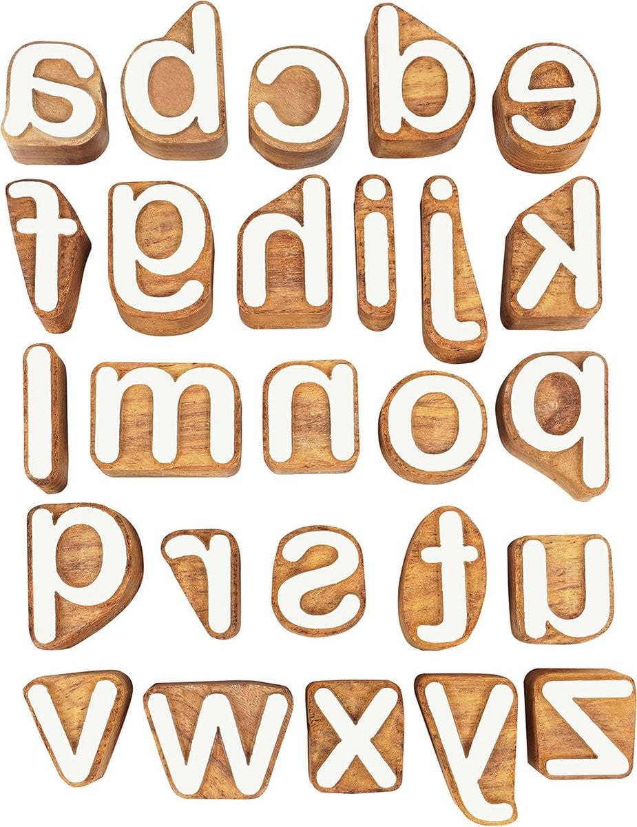 Houten Alfabet Stempels - Handgesneden Letterblokken voor Textielontwerpen - Bruin