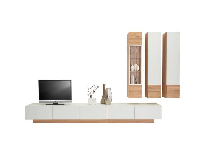 Voglauer Wohnwand Vmontanara, Weiß, Eichefarben, Glas, Holz, 4-teilig, Wildeiche, massiv, mehrschichtige Massivholzplatte (Tischlerplatte),massiv,mehrschichtige Massivholzplatte (Tischlerplatte), 12 Fächer, 368x218x54.1 cm, Goldenes M, Made in Austria, Holzmöbel, Wohnwände Holz, Wohnwände Holz