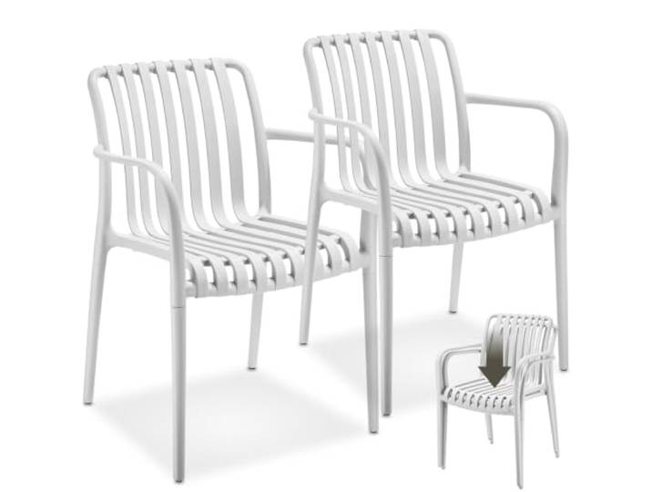 tectake® Gartenstühle stapelbar, Gartenmöbel Set, Balkon Möbel, Bistro Set, Sessel, Outdoor Möbel, Balkonmöbel, Terrassenmöbel - weiß, 2er Set