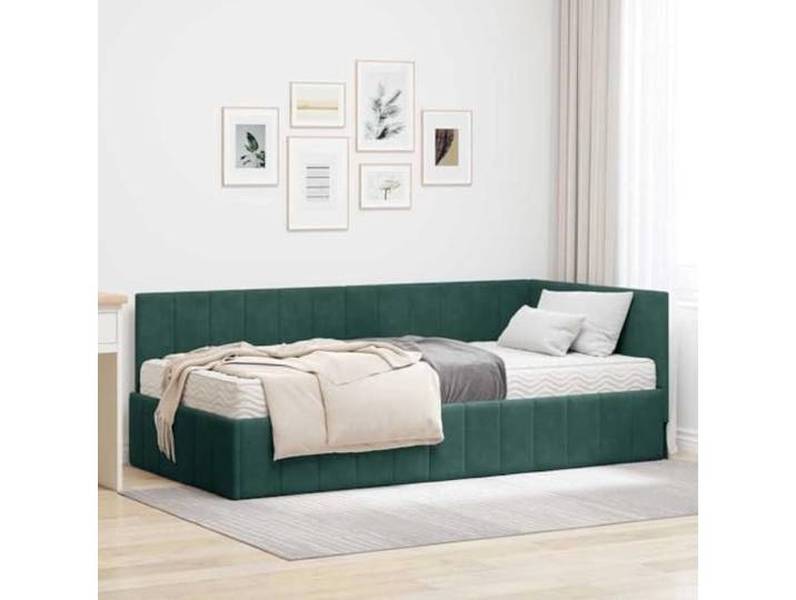 LPERTGFHU Eckbettgestell, Samt Polsterbett 100 x 200 cm, Grün Gästebett Inklusive Matratze, Mit Kopfteil, Robuster Sperrholzrahmen, Platzsparend