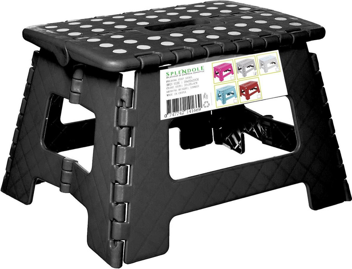 Splendole Kleine opvouwbare plastic opstapkruk zwart, Hoogte: 22 cm