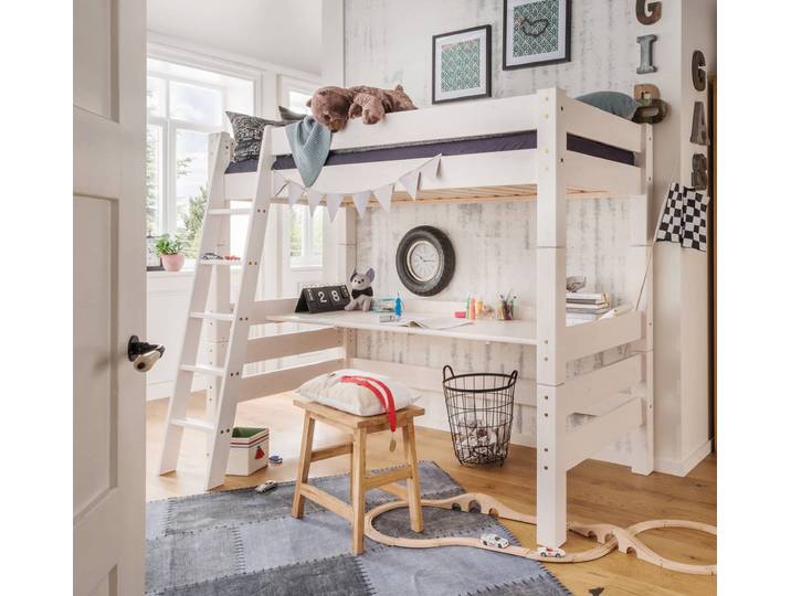 Hochbett JUNO mit Schreibtischplatte aus massiver Kiefer – 3%-Vorkasse-Rabatt