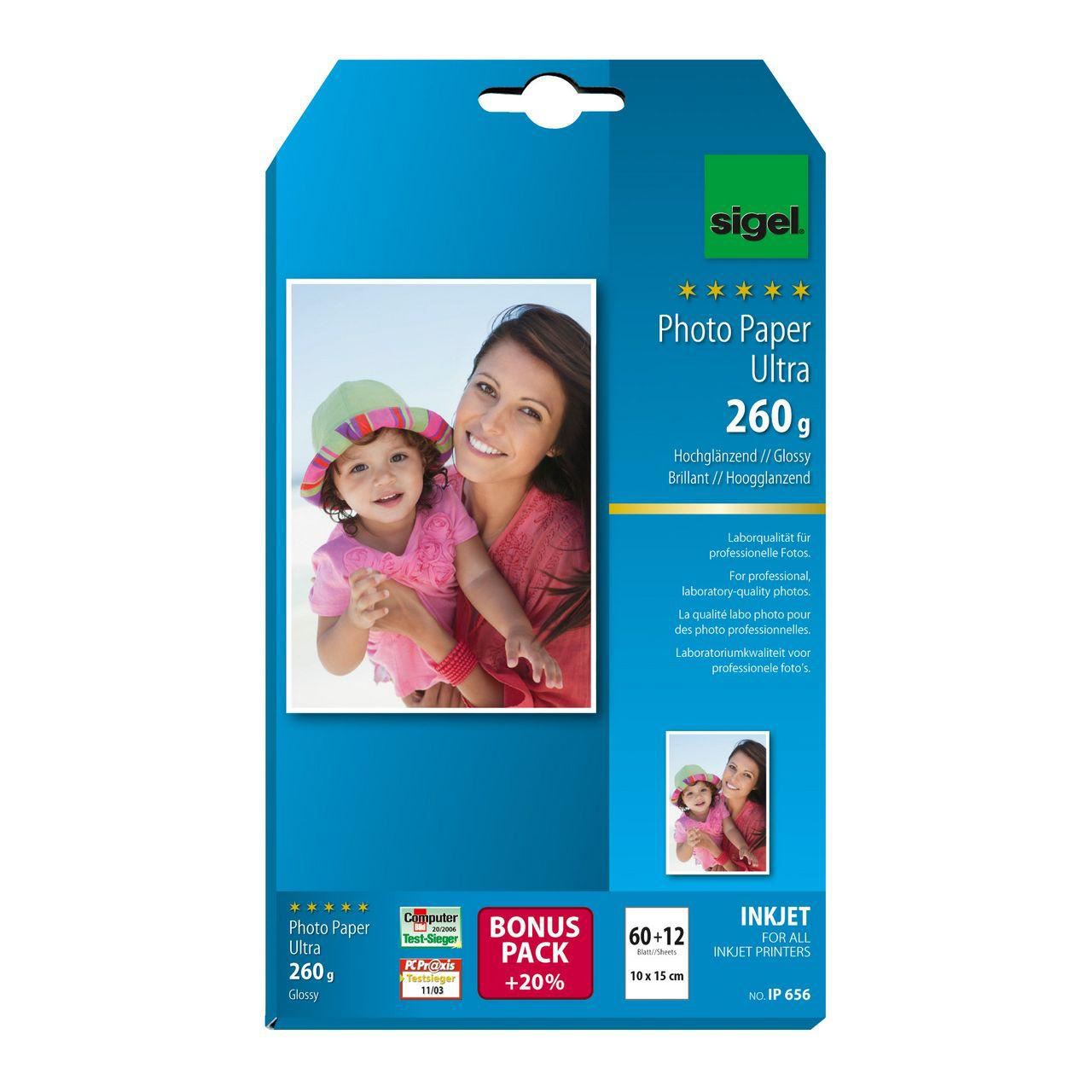 SIGEL Fotopapier IP656 10,0 x 15,0 cm hochglänzend 260 g/qm 72 Blatt