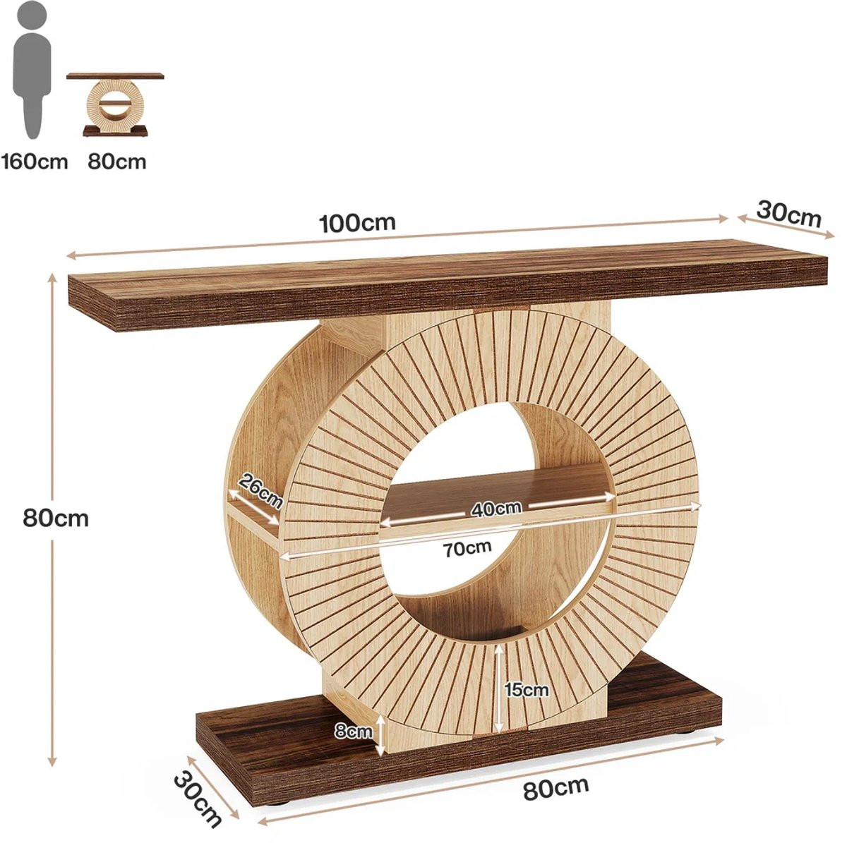 MODENUIT Consoletafel Smal Model met Rond Onderstel en Legplanken - Bruin Hout