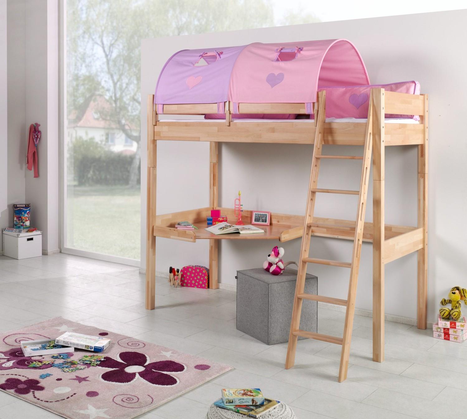 Hochbett Renate Buche Massiv Natur lackiert mit Schreibtisch und Textilset