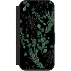 Nivocase Klapphülle für Apple iPhone 15 Pro Handyhülle aus Kunst Leder NIVOflip schwarz Blätter Natur (Apple iPhone 15 Pro), Smartphone Hülle, Schwarz