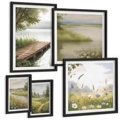 BILDER SET 5er Set - 50x50 cm & 20x30 cm & 40x60 cm Schwarzer Rahmen - Zitronenblumen aus der Küstenstadt
