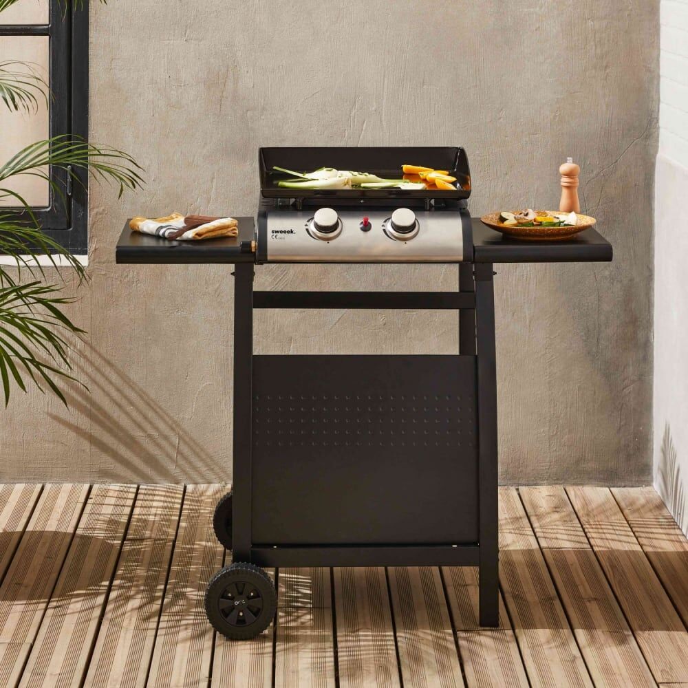 sweeek Plancha au gaz 2 brûleurs sur chariot Noir 107x106x55cm