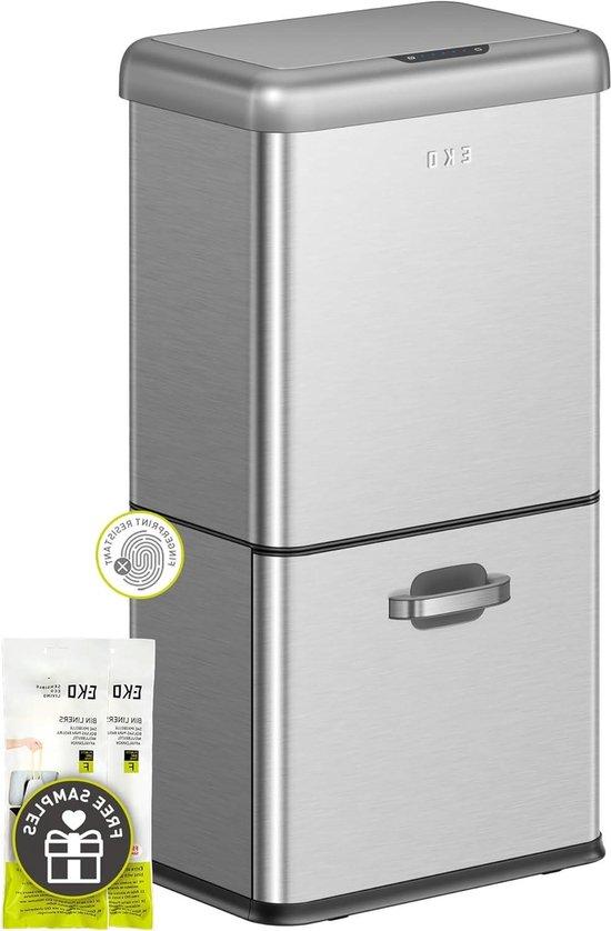 Automatischer Mülleimer - Müllsensor - Hygienische Mülltrennung - Zweifach-System - 50 Liter Fassungsvermögen - Silberfarben