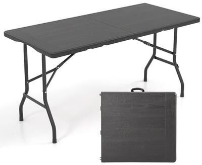 Costway 5FT Folding Picnic Table with Wood Grain HDPE Tabletop and Non-slip Foot Pads-Black