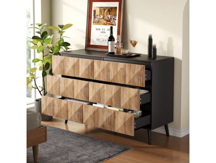 LPOSPI Commode - 6 tiroirs bicolore cadre métal 120x40x85 cm noir et bois.