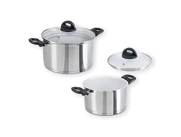 Genius Cerafit Steel Kochtopf-Set 20cm (3,6l) + 24cm (6l) mit Glasdeckel - Edelstahl-Topf beschichtet Nudeltopf für alle Herdarten & Induktion Sandwichboden mit Aluminiumkern
