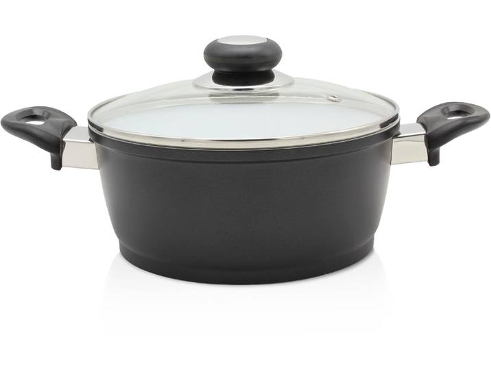 Fleischtopf KRÜGER Aluguss Topf mit Glasdeckel Oslo , schwarz, H:11cm Ø:24cm, Töpfe, Fleischtopf, für Induktions-Kochfelder geeignet