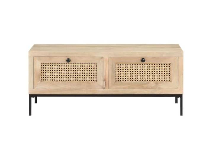 Couchtisch 90x50x37cm Mango und Schilfholz Massives Mangoholz, Stahlbasis, handgewebtes Schilfrohr, Schubladen mit Aufbewahrung, rustikaler Stil