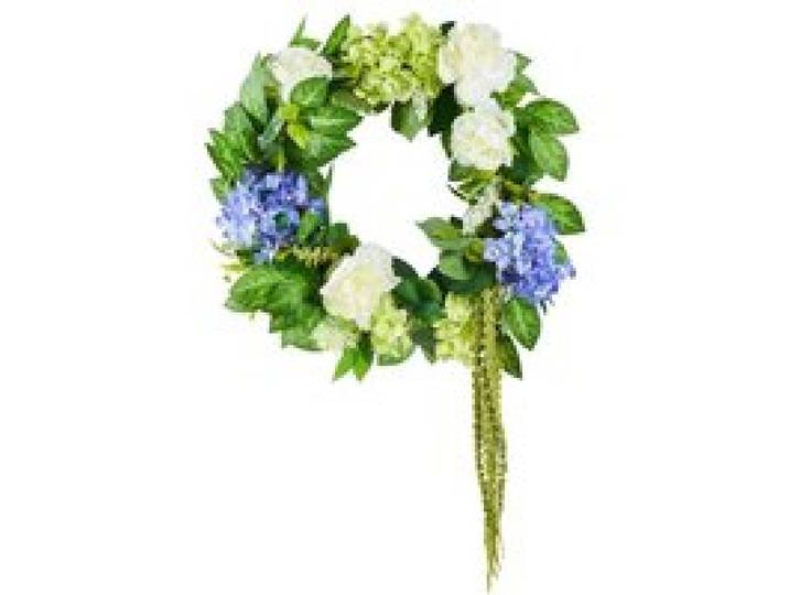 VEVOR Künstlicher Dekokranz, 58,42cm, Blau-Weiß-Grün, dekoriert mit Hortensien, Rosen, Beeren, Ranken, Türkranz ganzjährig, für drinnen & draußen, als Dekoration für Hauswände, Fenster & Festivals
