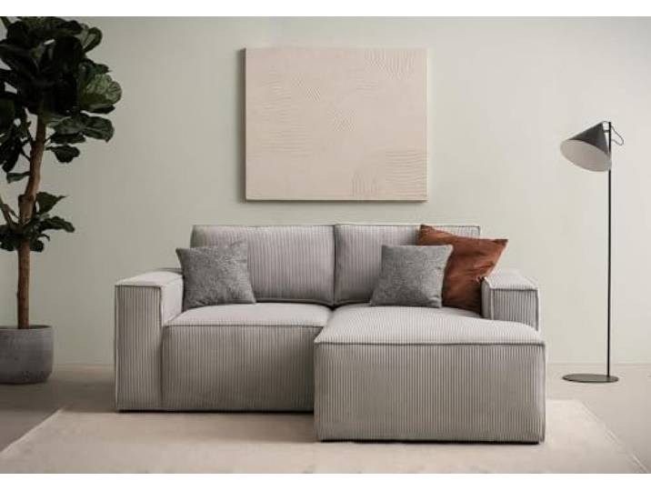 DOMO. collection Ecksofa Calnu, Cordstoff & Taschenfederkern, Platin (Grau) Longchair rechts klein mit Cordstoff, platzsparendes Modulsofa in L-Form, 198 x 172 x 85 cm (BxTxH)