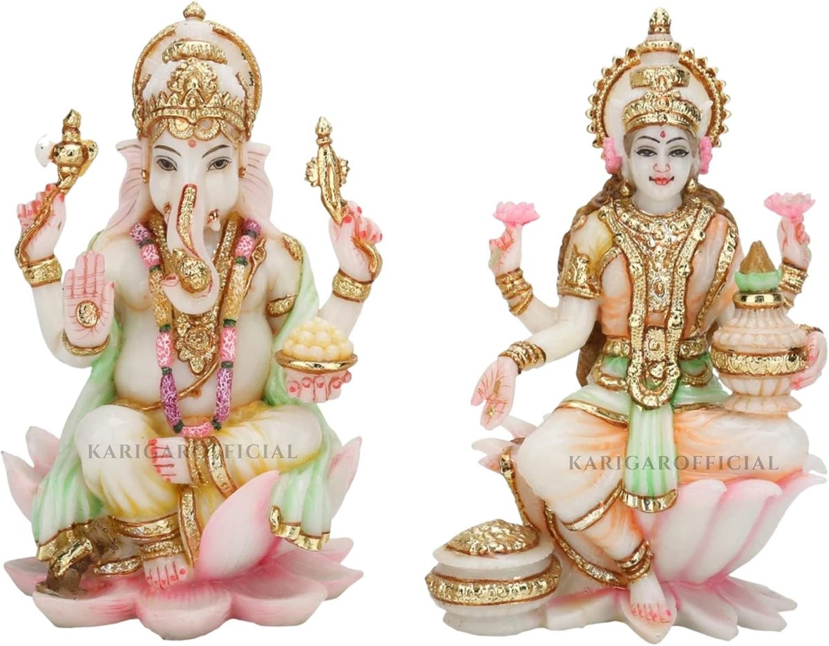 Handgeschilderd Marmeren Ganesha Lakshmi Beeld Multicolor - Hoogte: 18 cm