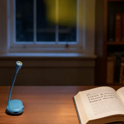 Inspire Curations USB Rechargeable Mini Clip On Book Light 360 Adjustable Dimmable Reading Lamp blue