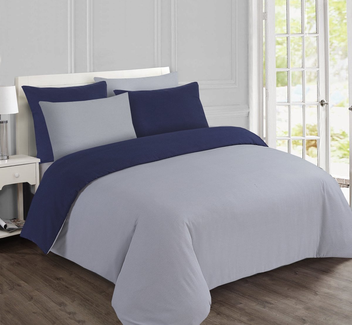 VISION home Flanel Tweezijdig Omkeerbaar Dekbedovertrekset - 100% Katoen - Eenpersoons - Grijs / Blauw - 140 x 200 cm