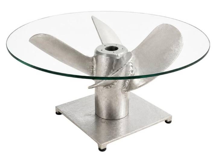 Table basse ALUMIA ronde 60 cm aluminium argenté et verre trempé – design industriel pied hélice