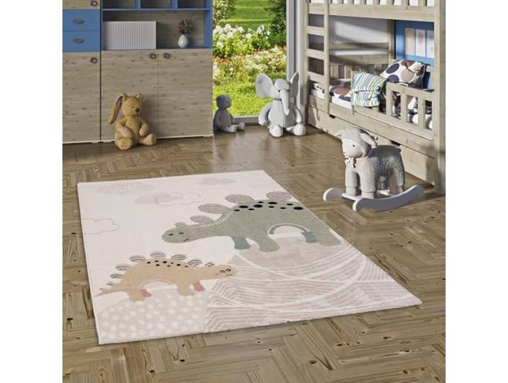 Pergamon Happy Kids Kinderteppich Dino Stegosaurio Creme - Weich, Strapazierfähig & Schadstoffgeprüft - Hoch-Tief-Struktur, 100% Polypropylen, Pflegeleicht, rutschfest - Perfekt für Kinderzimmer