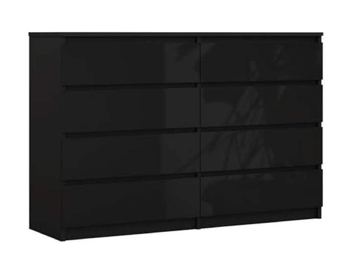 3xE Living Kommode 138 cm, 8 Schubladen, Schwarz Matt/Schwarz Glanz, 138 x 39 x 102 cm