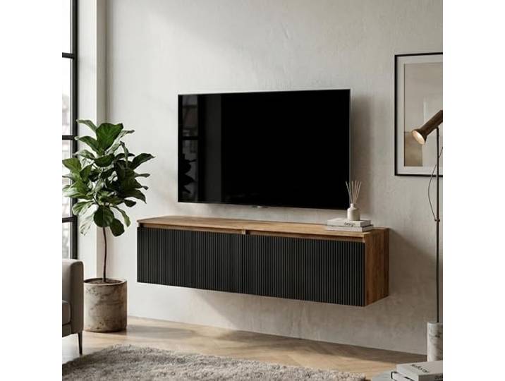 Planetmöbel Arisa TV-Schrank, Fernsehtisch 160 cm lang TV-Board hängend, Fernsehschrank für Wohnzimmer, TV Möbel 50 x 160 x 40 cm, gold eiche / schwarz geriffelt