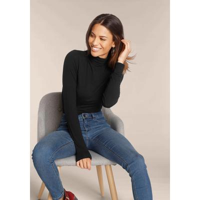 Rollkragenshirt TAMARIS "mit figurbetontem Schnitt, aus fließender Viskose-Qualität", Damen, Gr. 38, schwarz, Jersey, Obermaterial: 95% Viskose, 5% Elasthan, unifarben, Basic, figurbetont hüftlang, Shirts, Langarm, Basic, aus elastischem Material