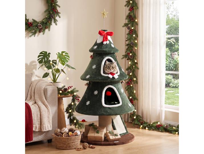 PawHut Arbre à Chat Noël 2 Niches Sisal Jute 60x60x132cm Vert