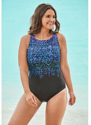 Plus Size Women's High-Neck One Piece by Swim 365 in Black Confetti (Size 24) Swimsuit