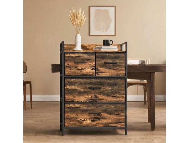Commode industrielle 4 tiroirs en tissu brun 60x29x85 cm cadre acier noir style loft