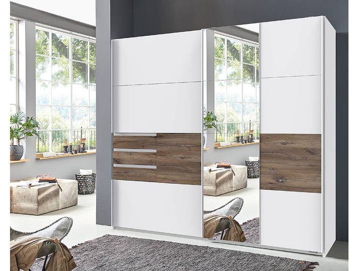 Schwebetürenschrank Bamberg 180 x 198 x 65cm Weiß/Weiß/Zinneiche Dekor mit Spiegeltür/-en