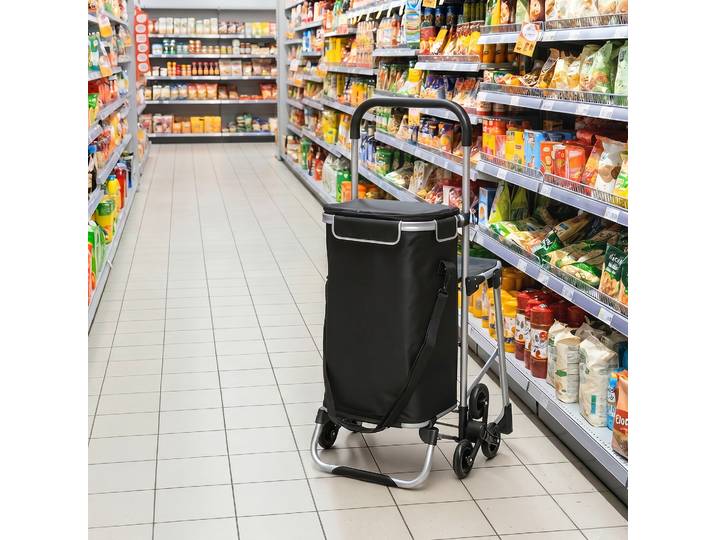 HOMCOM Chariot Courses Pliable avec Siège, Sac Amovible Noir