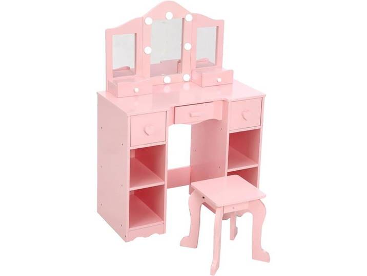 Coiffeuse Enfant Rose Ensemble Coiffeuse et Tabouret avec Miroir Triple et Lumières LED Rangement pour Chambre d'Enfant