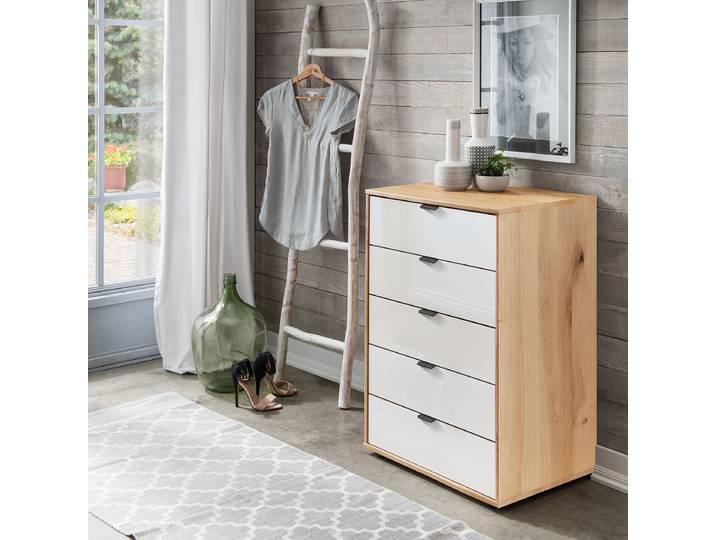 Commode avec 5 tiroirs 60cm Blanc/Marron/Blanc Chêne