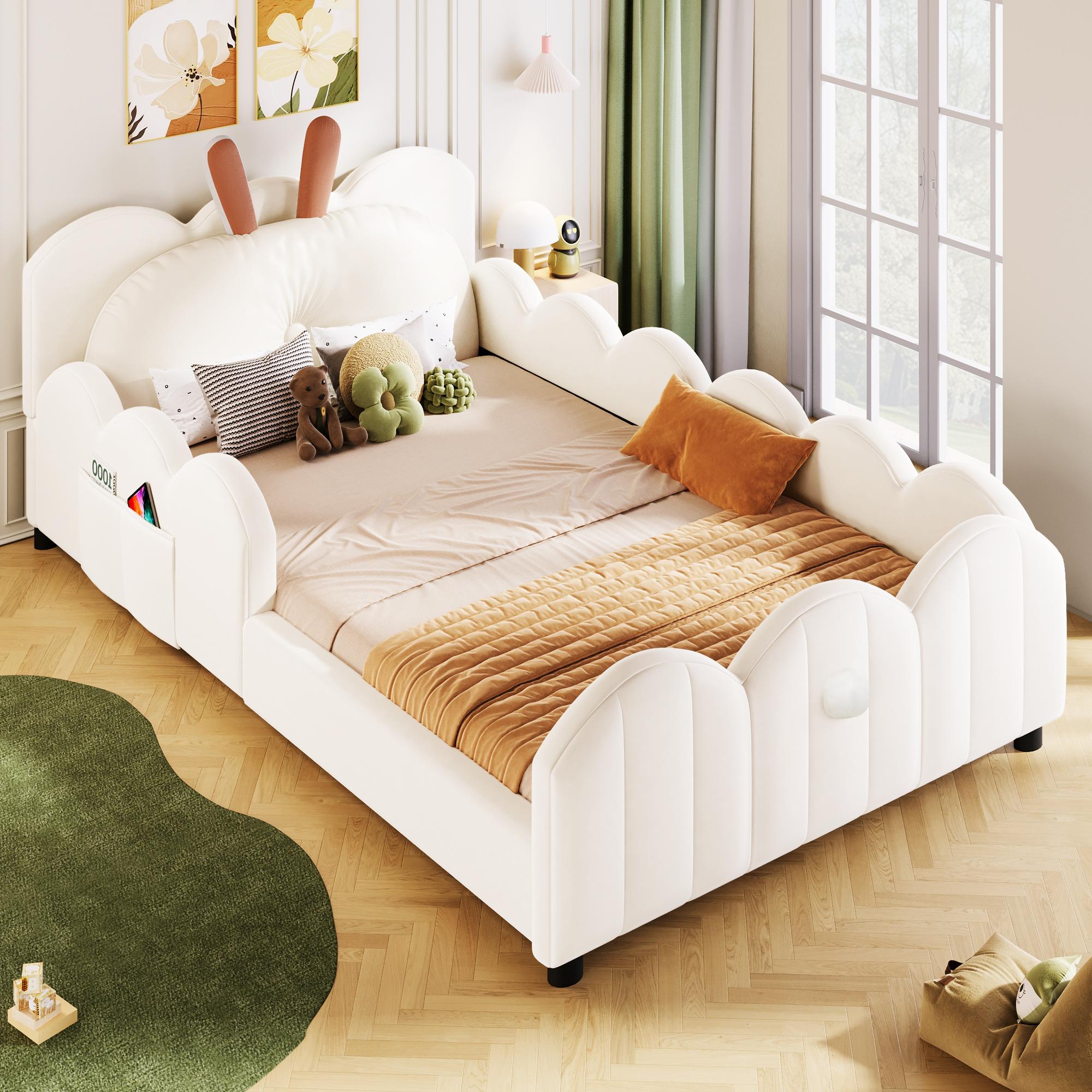 okwish Polsterbett 90x200 Kinderbett mit Kissen in Kaninchenform,Jugendbett mit Lattenrost,Gepolstertes Plattformbett ,Beige(mit Matratze)