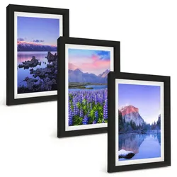 BILDER SET 3er Set - 20x30 cm Schwarzer Rahmen - Berglandschaften mit Wasser und Himmel