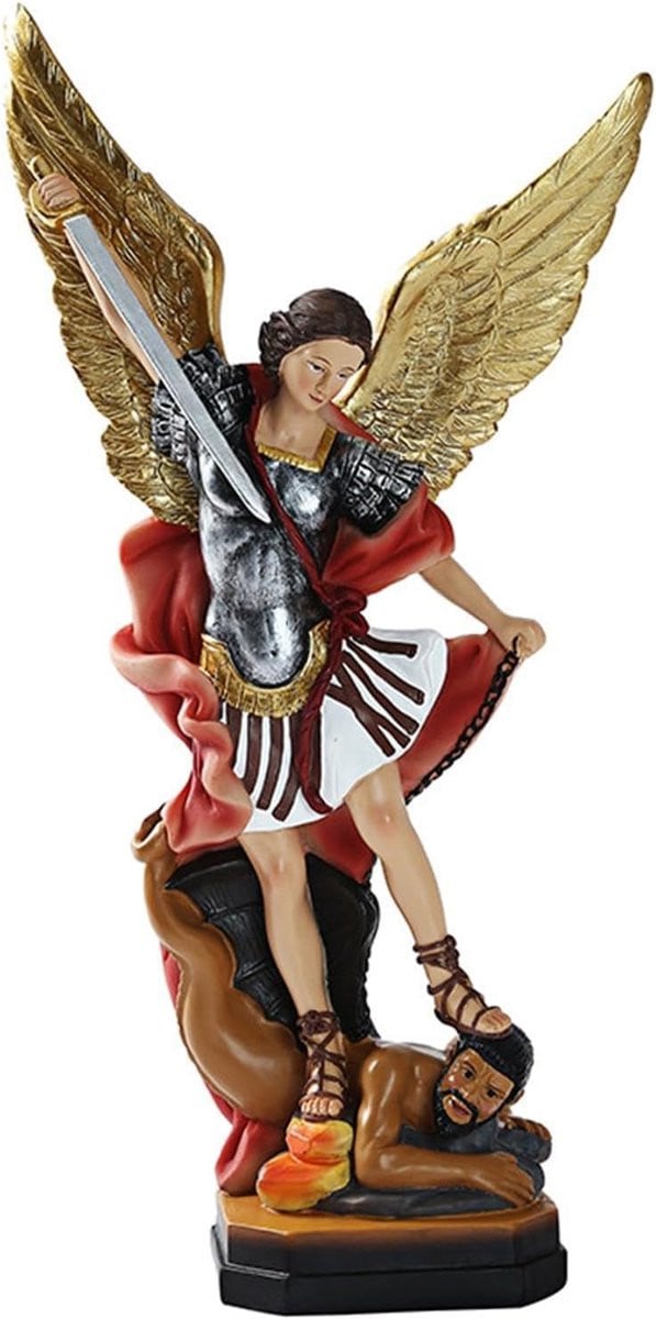 Engel Beeldje Gekleurd Handgesneden Decoratief Standbeeld Hoogte: 22 cm