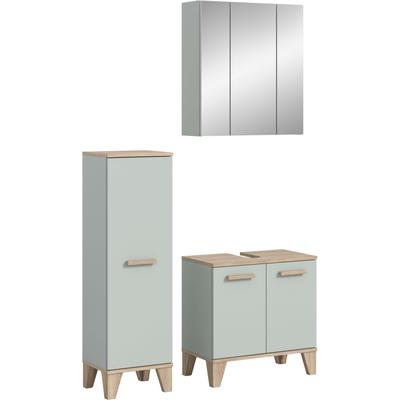 Badmöbel-Set WELLTIME "MINTTU, 3-teilige moderne Badkombination im SCANDI-Look", gelb (hellgrün, eiche hell nachbildung), B:109cm H:190cm T:34cm, Kastenmöbel-Sets, Badmöbel-Set, Bad-Kombination, Bad-Möbel, Badezimmer, Kombination, Kombi, Bad-Set