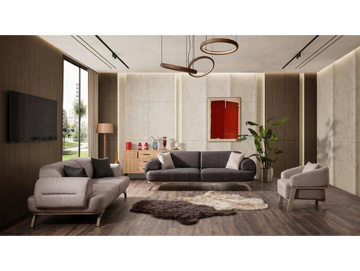 Xlmoebel Polstergarnitur Braun-beiges Wohnzimmer-Set Sofa Multimedia-Modul modern, (3-tlg., 3-2-1)