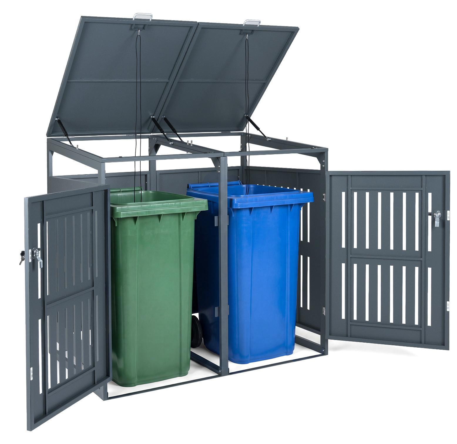 COSTWAY Mülltonnenbox, Mülltonnenverkleidung für 2 Behälter, Mülltonnenschrank für 2 Abfalleimer, abschließbare Türen & schräges Dach, Abfallcontainer